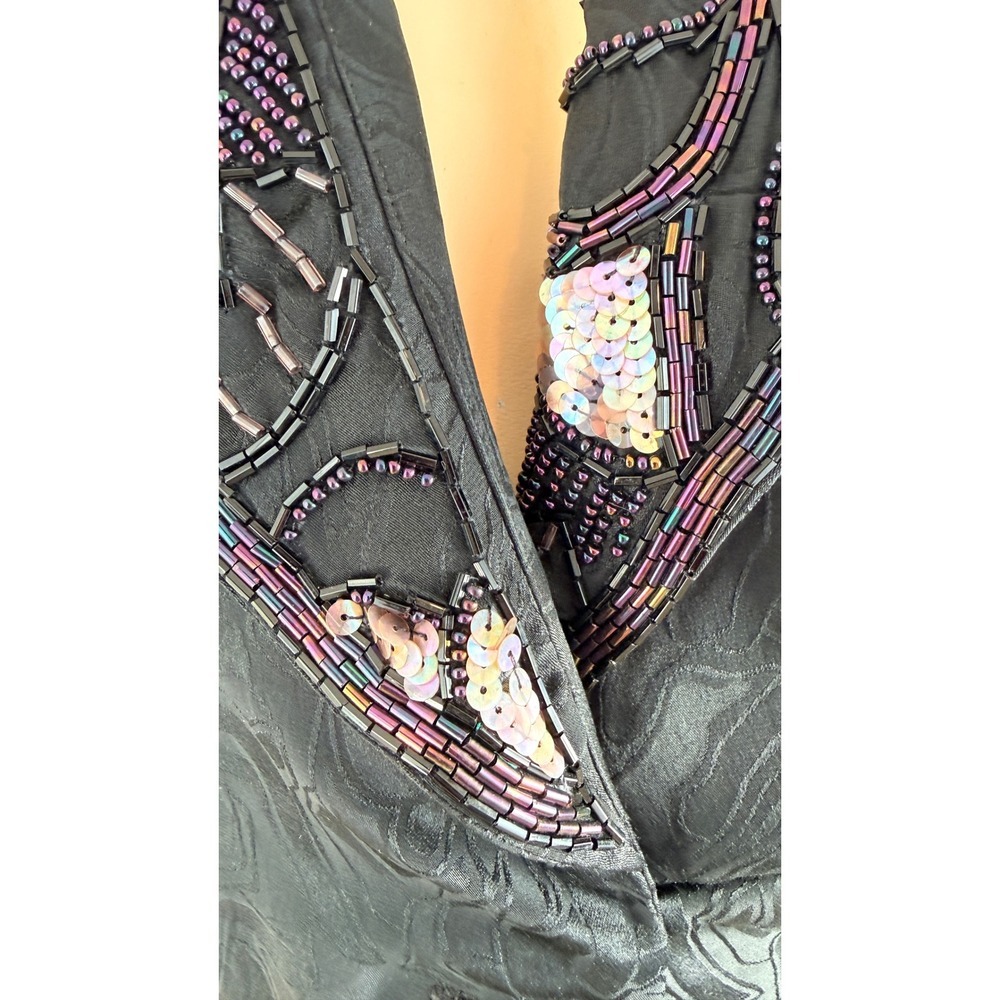 Vintage Silk Beaded Sequin Jacquard Evening Blazer Black Long Sleeve Jacket - Picture 3 of 14